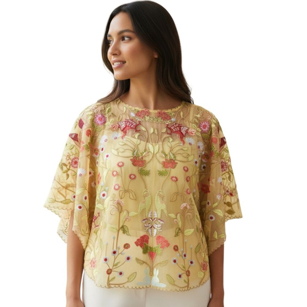 Tolani Danika Womens S Yellow Embroidered Flutter Sleeve Boho Resort Top NWT